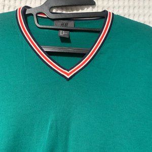 H&M Men's Green, White, Blue & Red Silk L/Sleeve V-Neck Sweater